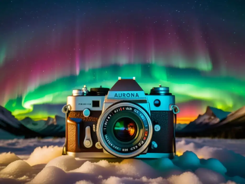 Una cámara vintage en un paisaje de auroras boreales, fusionando lo antiguo con lo nuevo en una impresionante fotografía nocturna