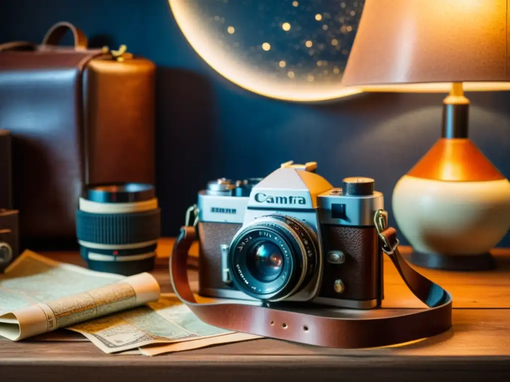 Una cámara vintage rodeada de rollos de película, una correa de cuero y un mapa del cielo nocturno