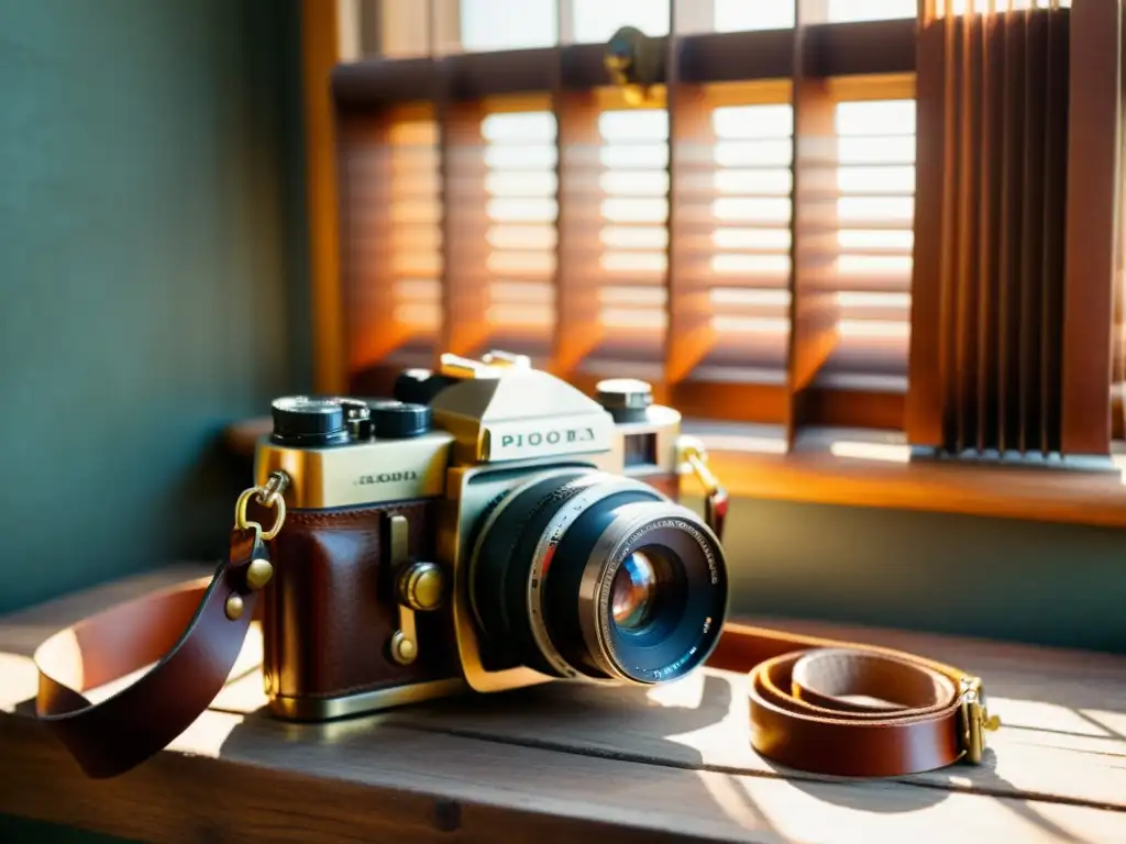 Una cámara vintage descansa en un trípode de madera rodeada de lentes, filtros y una bolsa de cuero