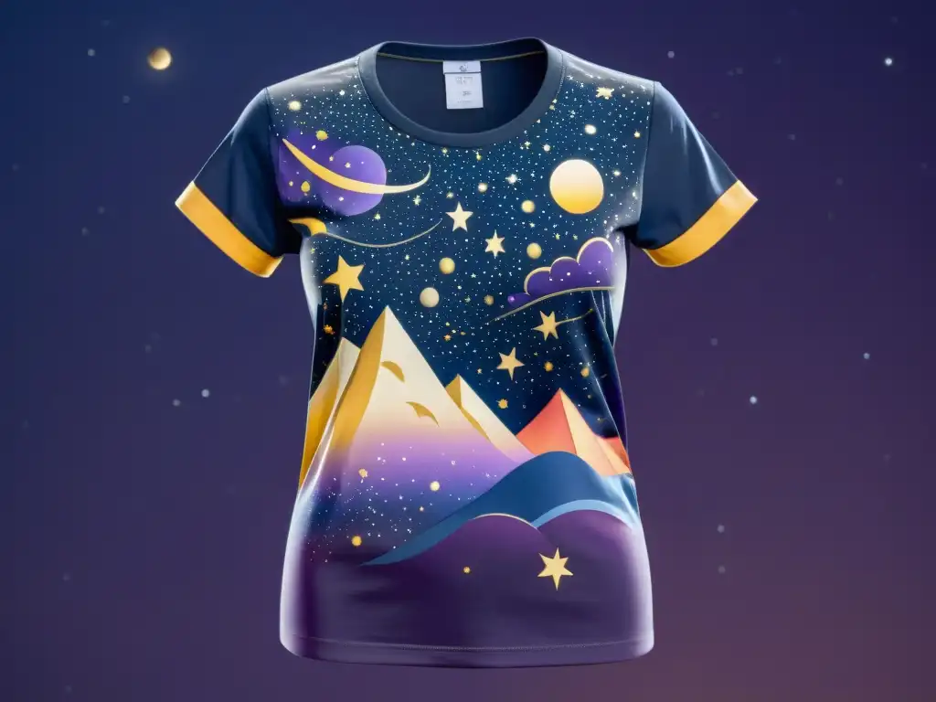 Camiseta vintage con diseño de constelaciones en tonos retro, exhibida en maniquí bajo cielo estrellado, evocando nostalgia y encanto cósmico