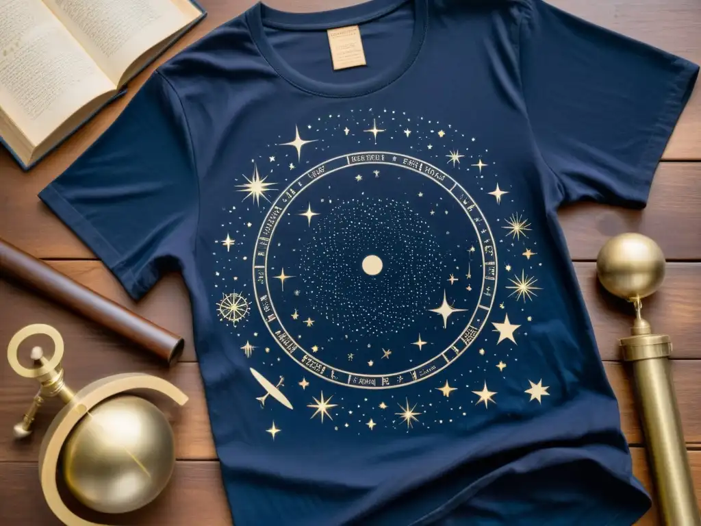 Camisetas con diseños de constelaciones en imagen 8k de una camiseta vintage sobre un colgador de madera rodeada de instrumentos astronómicos antiguos