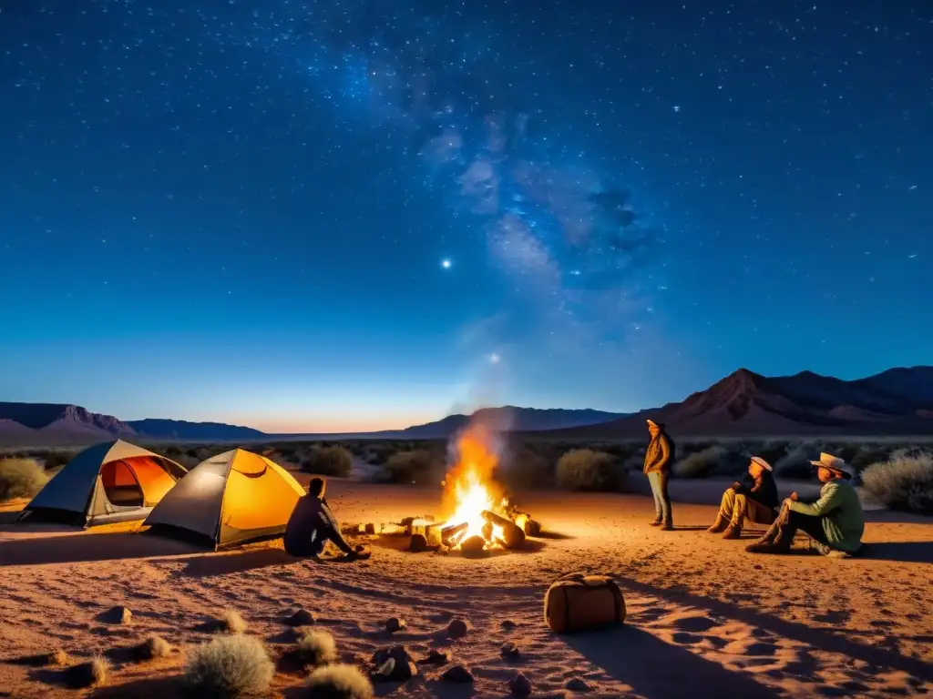 Campamento estelar en el desierto de Orion: noche de estrellas y fuego bajo el cielo vintage