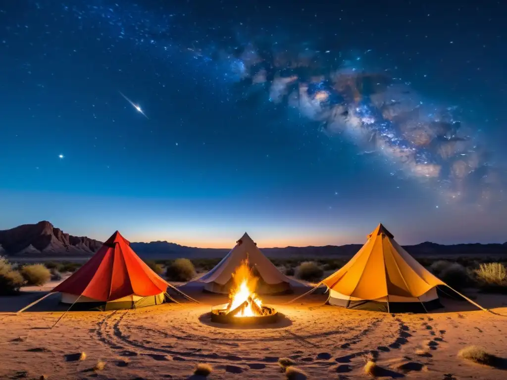 Campamentos estelares en el desierto con la brillante constelación de Orion sobre tiendas vintage alrededor de la fogata