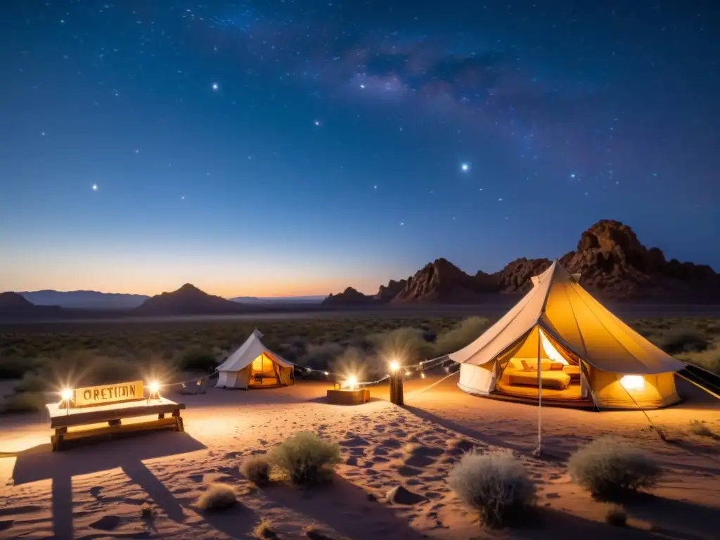 Campamentos estelares en el desierto de Orion: tiendas vintage iluminadas bajo el cálido atardecer, rodeadas de naturaleza y telescopios antiguos