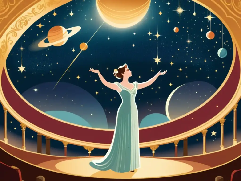 Una ilustración vintage de una cantante de ópera en un escenario celestial