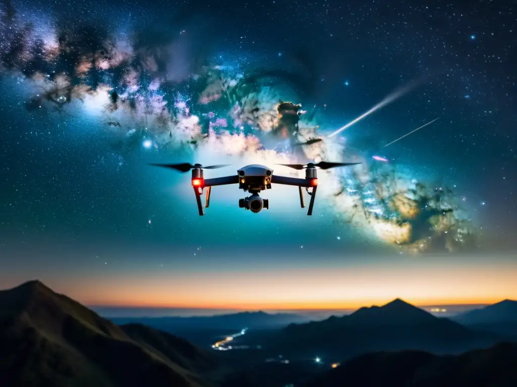 Dron vintage captura la belleza celestial Captura de imágenes celestiales con drones: un drone vintage flota en la noche, capturando la maravilla estelar y la Vía Láctea