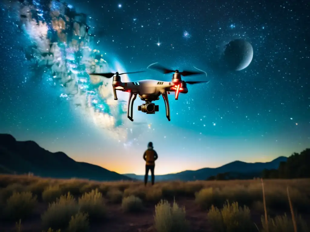 Drone captura la belleza cósmica Captura de imágenes celestiales con drones: Un drone captura la belleza cósmica de la noche estrellada, entre galaxias y constelaciones