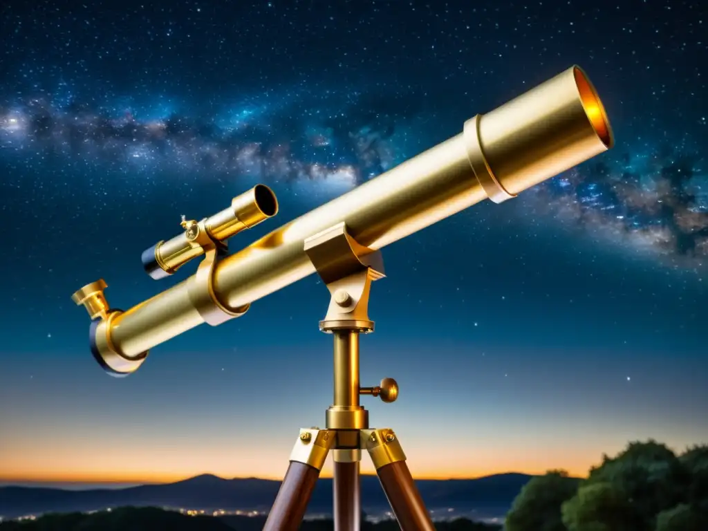 Captura de objetos deep sky: Telescopio vintage apuntando a galaxias, bajo un cielo estrellado con atmósfera nostálgica y maravillosa