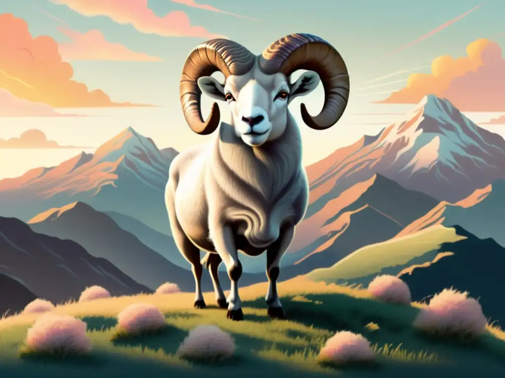 Ilustración vintage de Aries, el carnero, en una colina con montañas al fondo