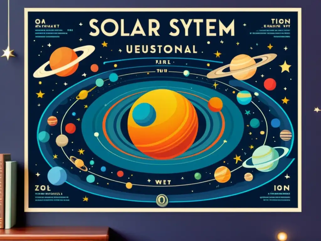 Un cartel educativo vintage del sistema solar con ilustraciones detalladas y tipografía elegante