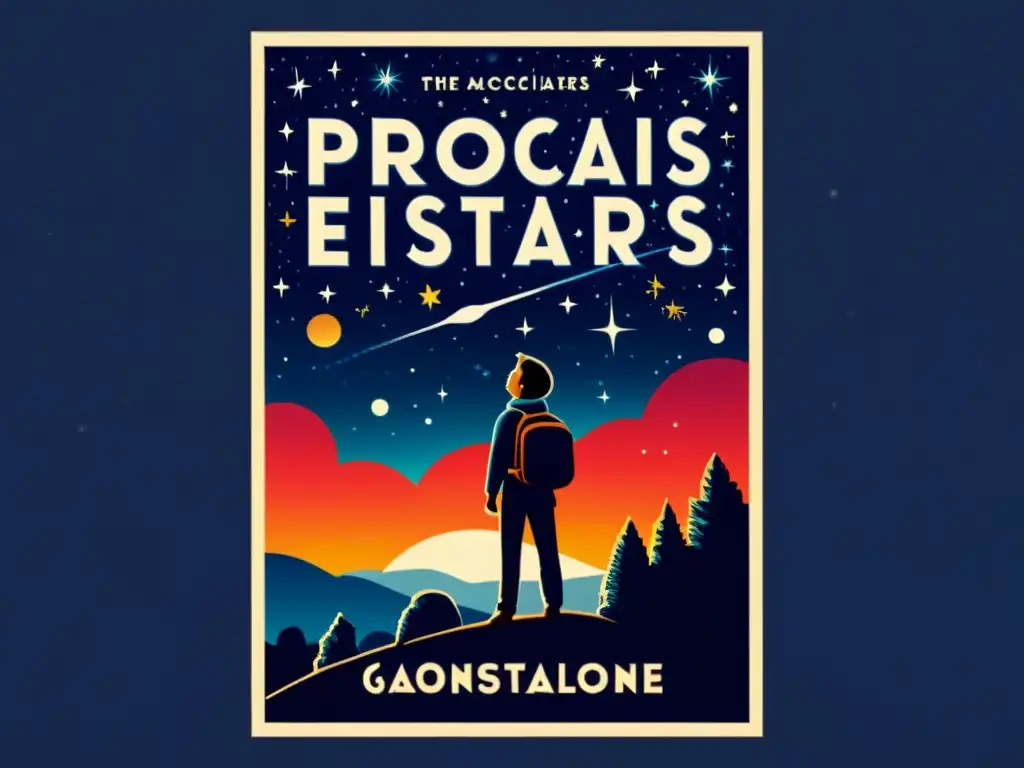 Un cartel de película al estilo vintage muestra una ilustración detallada del cielo nocturno con constelaciones y galaxias en colores ricos