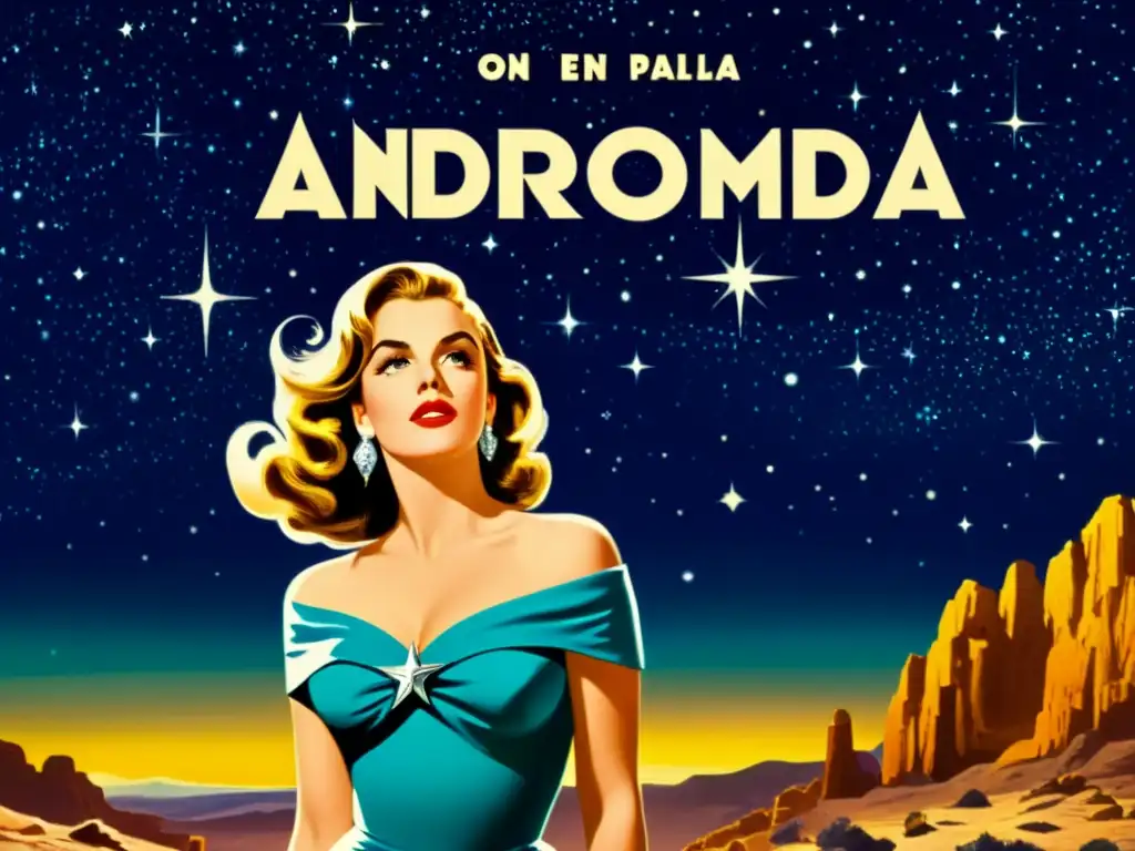 Un cartel de película vintage con la constelación de Andrómeda en un cielo estrellado