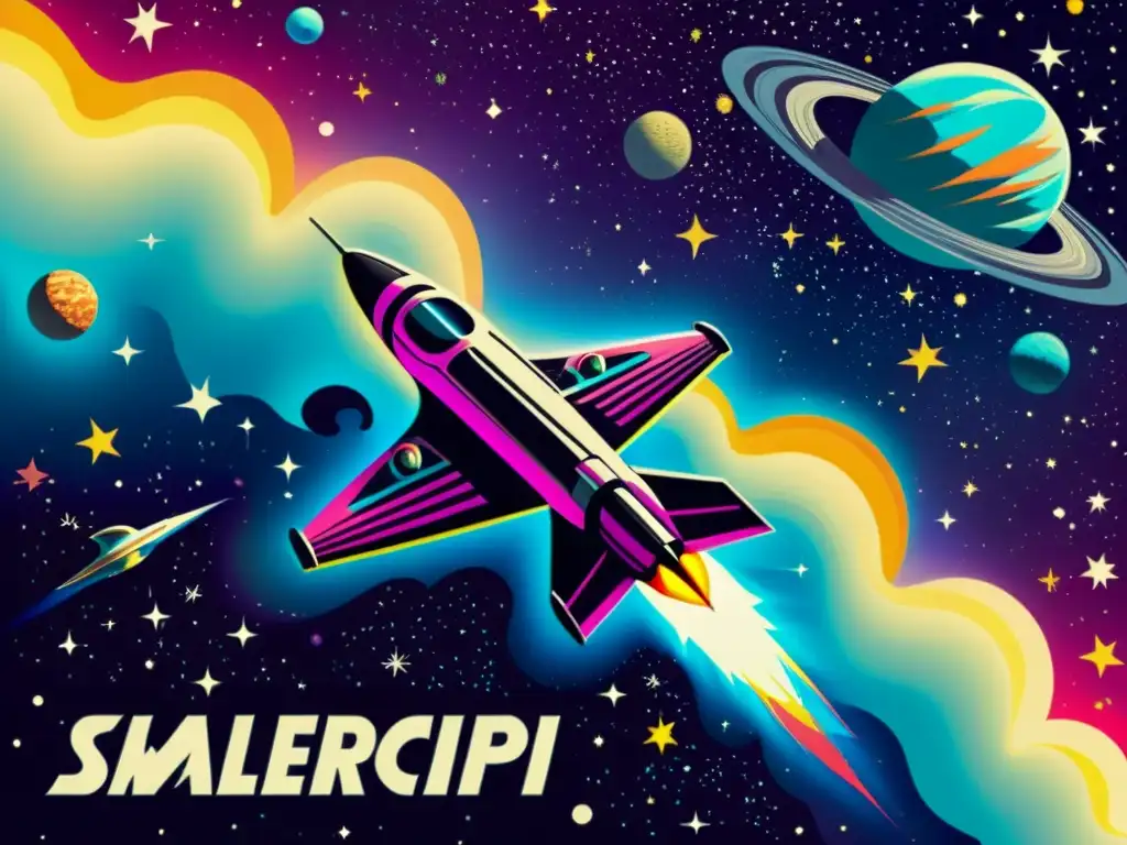 Exploración cósmica: Nave retrofuturista surca la Vía Láctea Cartel de película vintage mostrando una nave espacial surcando la Vía Láctea, con colores vibrantes y atmósfera de exploración cósmica