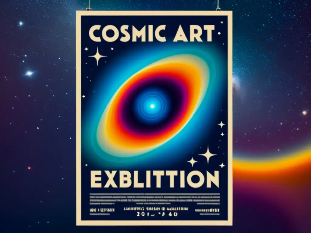 Cartel vintage de exposición astrofotografía arte visual, con impresionante imagen de nebulosa y estrellas en vibrantes colores