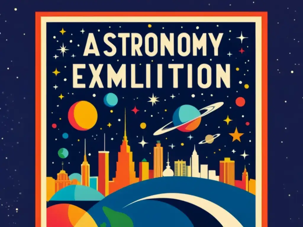 Cartel vintage de exhibición de astronomía con ciudad nocturna y cielo estrellado, evocando el desarrollo humano a través de las estrellas