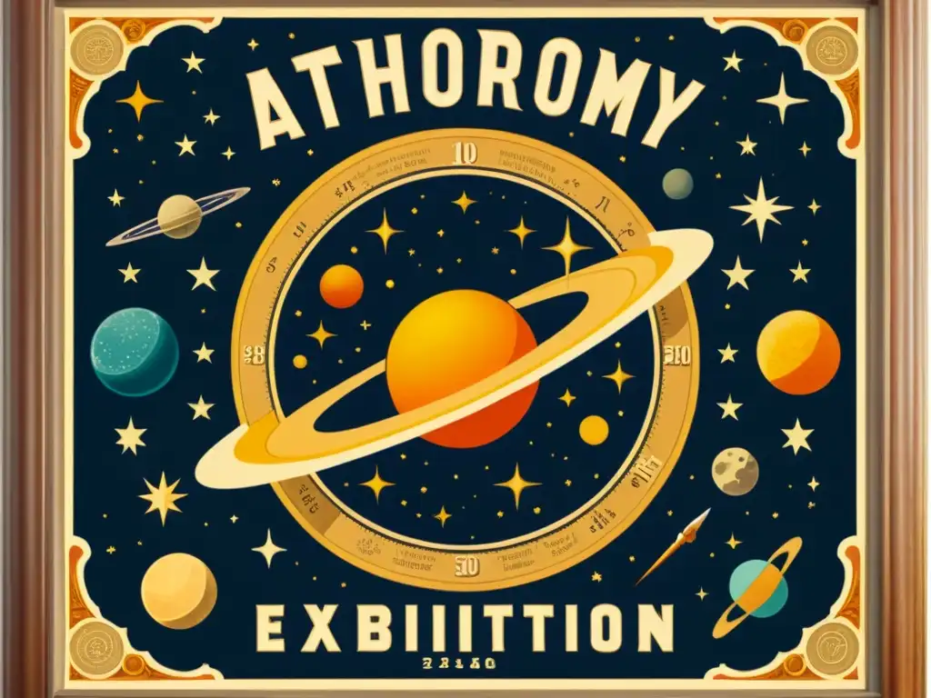 Un cartel vintage promocionando una exposición histórica de astronomía, con ilustraciones detalladas de cuerpos celestes y tipografía intrincada, en una cálida paleta de colores desgastados que evoca nostalgia y asombro