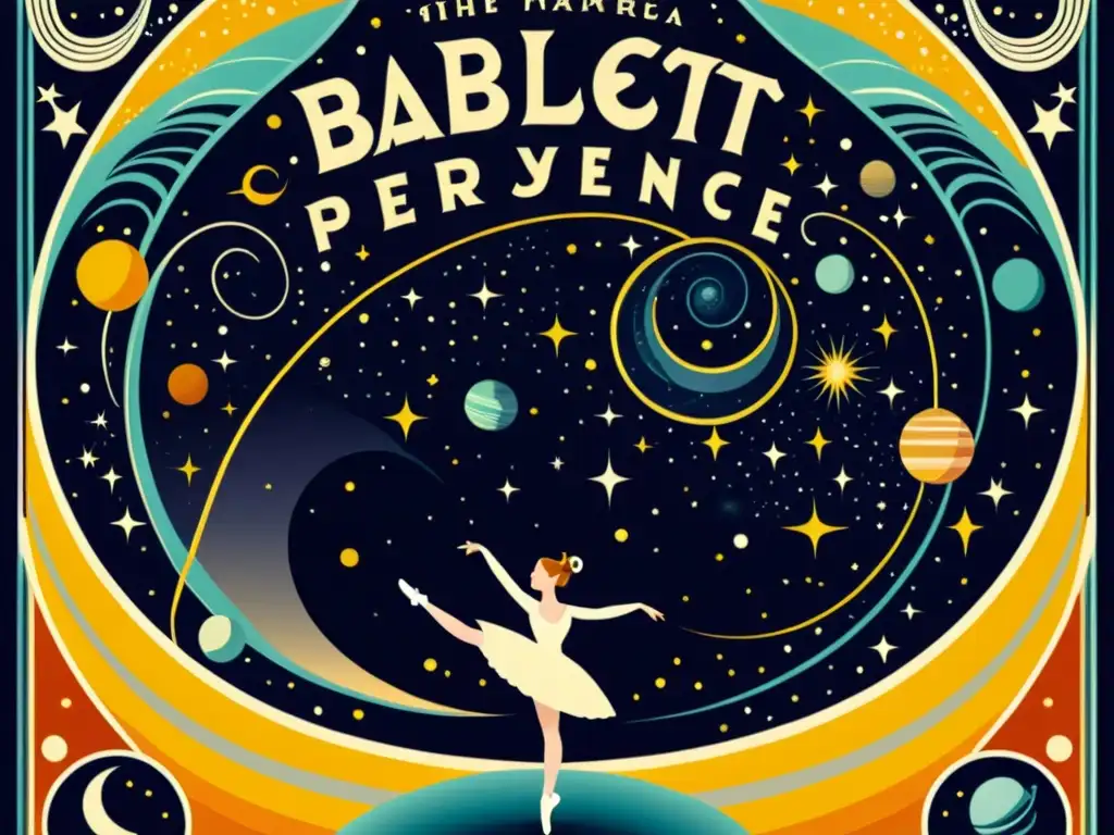 Cartel vintage de ballet inspirado en el sistema solar con diseño celestial y danzantes en trajes elegantes