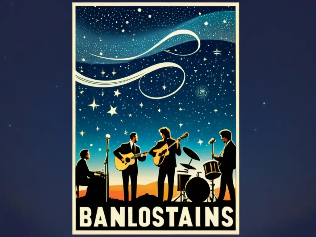 Un cartel vintage de una banda actuando bajo un cielo estrellado, con las constelaciones sutilmente entrelazadas en el fondo