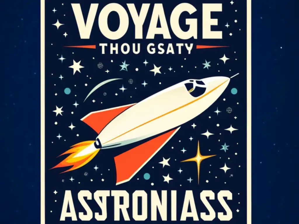 Cartel vintage de cruceros para aficionados de la astronomía, con nave espacial surcando el cosmos entre constelaciones y galaxias