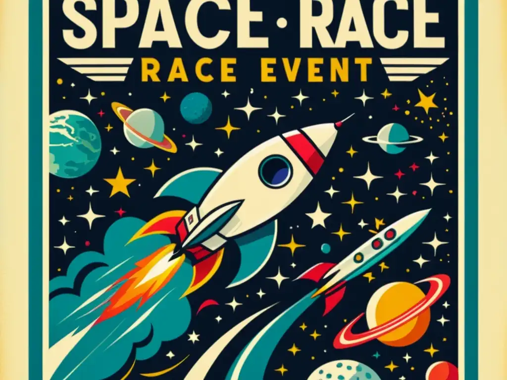 Un cartel vintage detallado anuncia una competencia histórica carrera espacial con ilustraciones coloridas de cohetes, astronautas y cuerpos celestes