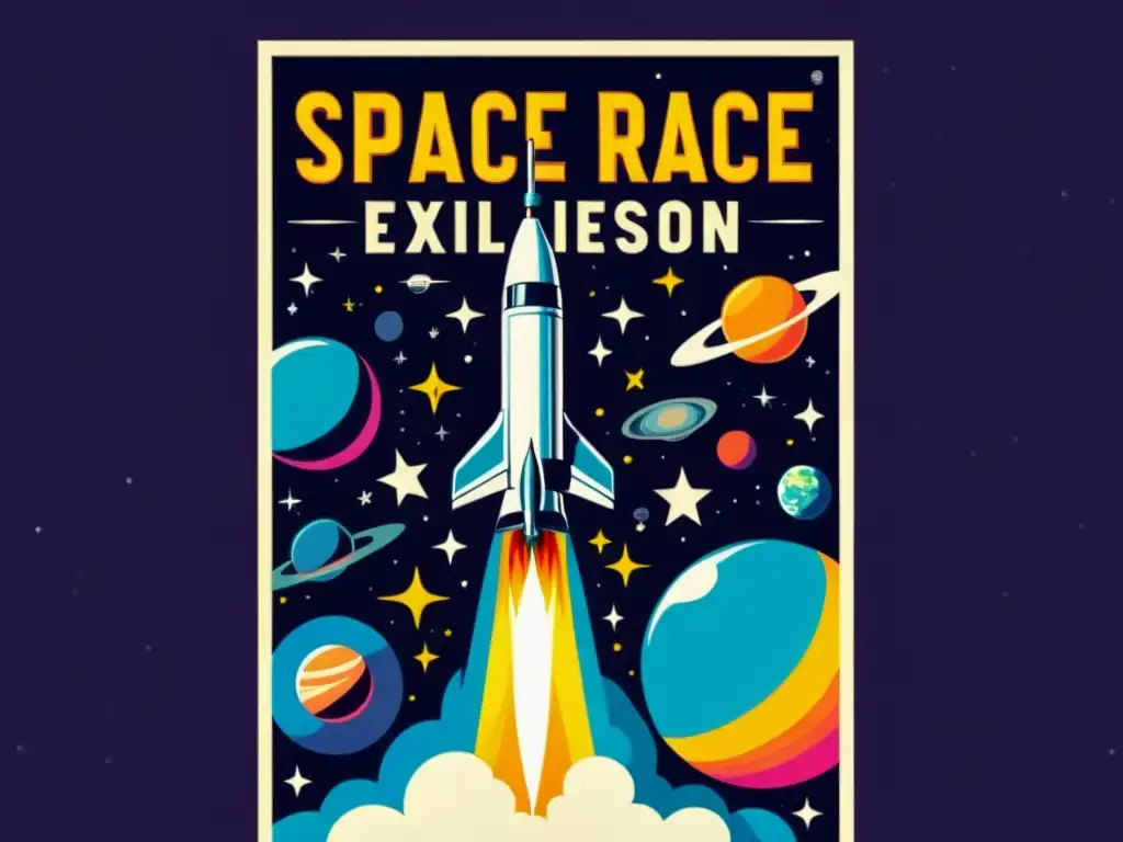 Cartel vintage promocionando una exhibición espacial con estética retrofuturista, colores vibrantes y detalladas ilustraciones de planetas y estrellas