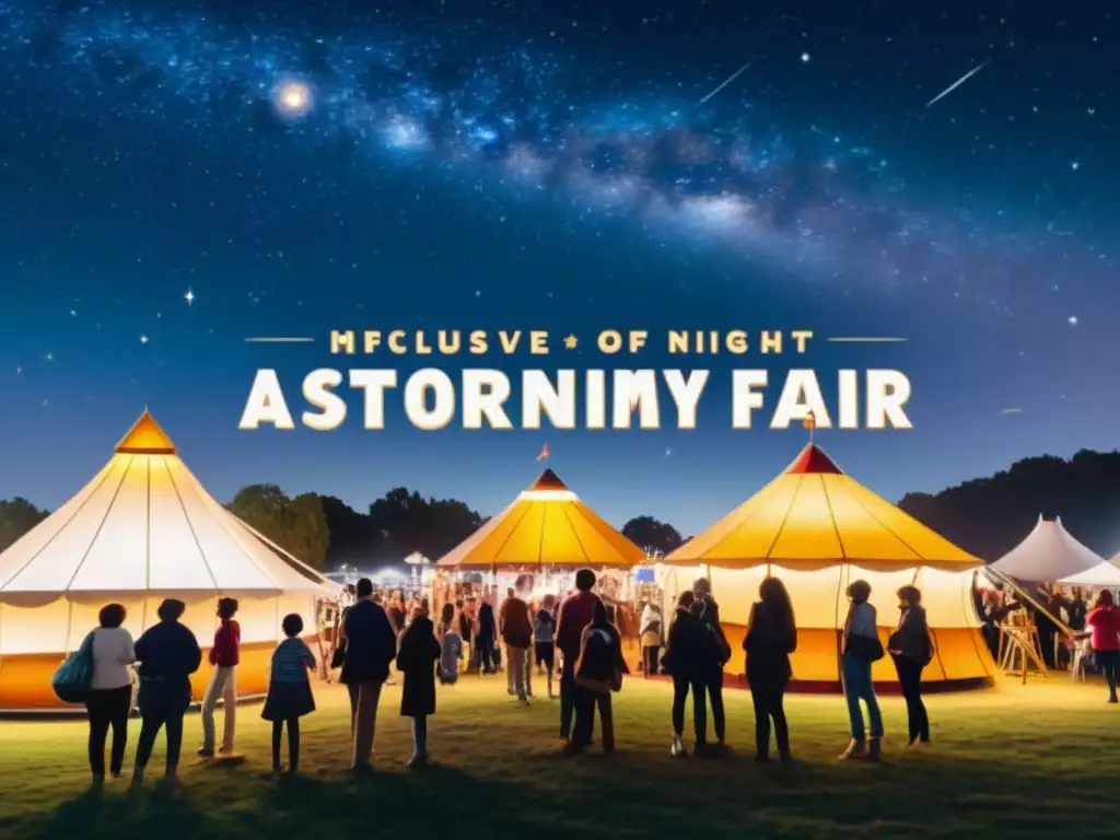 Cartel vintage de una feria de astronomía inclusiva bajo un cielo estrellado, con gente de todas las edades y fondos, mostrando inclusividad y asombro