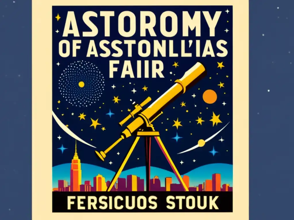 Un cartel vintage anuncia feria de astronomía con ilustración detallada del cielo nocturno, constelaciones y telescopio