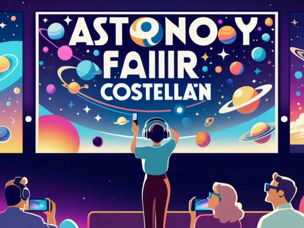 Cartel vintage de feria de astronomía con experiencias de realidad aumentada, uniendo lo retro con lo futurista