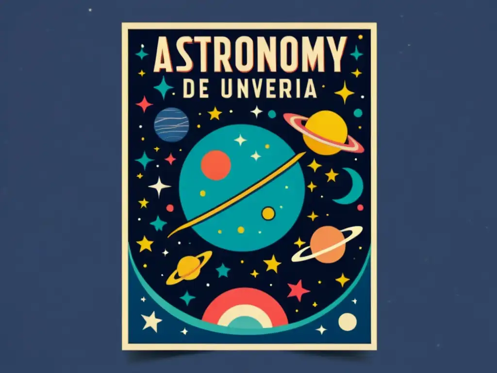 Un cartel vintage anuncia la Feria de Astronomía con ilustraciones coloridas de planetas y telescopios