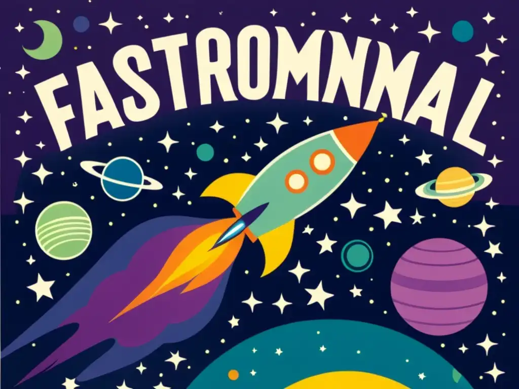 Un cartel vintage anuncia una feria astronómica para niños con una ilustración caprichosa de una nave espacial rodeada de estrellas y planetas