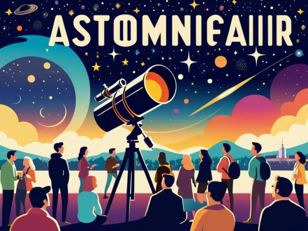 Cartel vintage de feria astronómica con charlas de expertos sobre el cosmos, telescopios y una atmósfera nostálgica de maravillas estelares