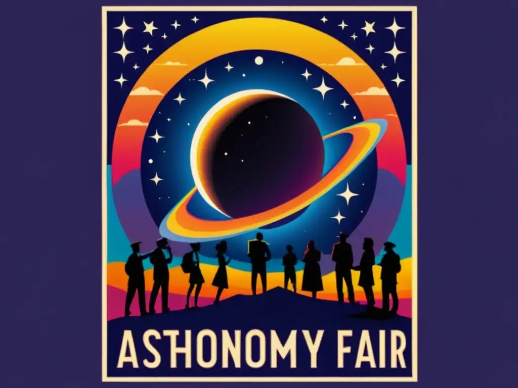 Un cartel vintage anuncia una feria astronómica con un eclipse solar detallado, colores vibrantes y tipografía elegante, creando un ambiente nostálgico y cautivador