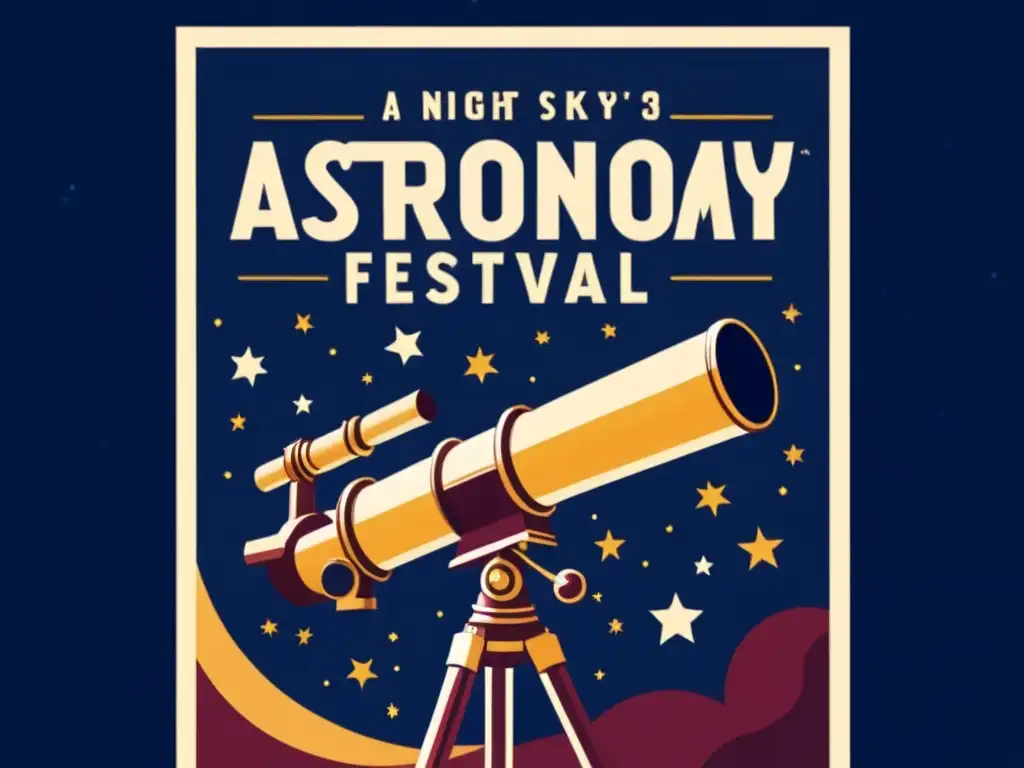 Un cartel vintage anuncia un festival de astronomía, con un cielo estrellado y un telescopio