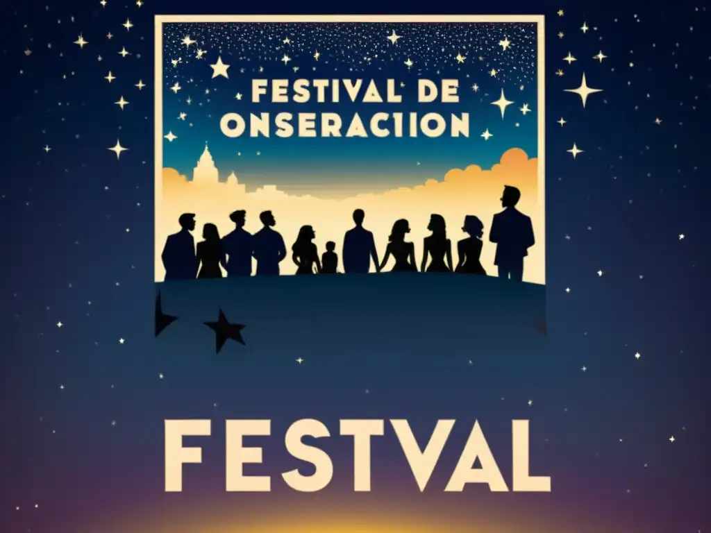 Cartel vintage de festival de observación de estrellas nocturnas con gente admirando el cielo estrellado en una atmósfera nostálgica y acogedora