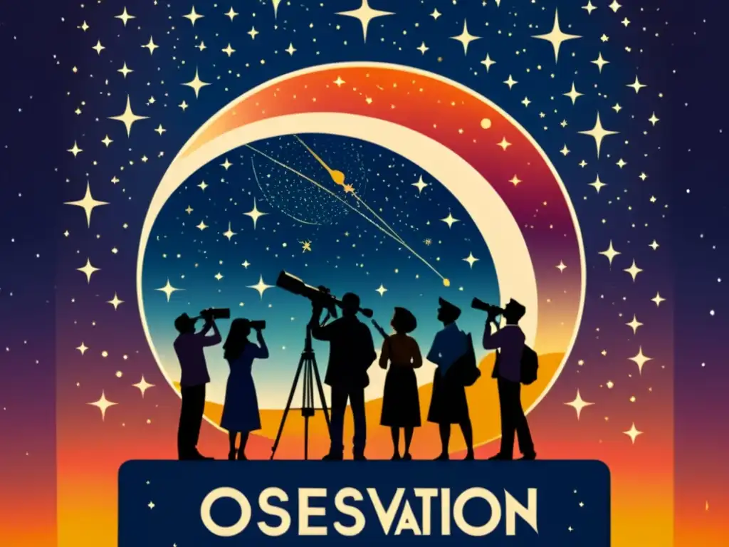 Cartel vintage de festival de observación de estrellas nocturnas, con gente señalando al cielo estrellado