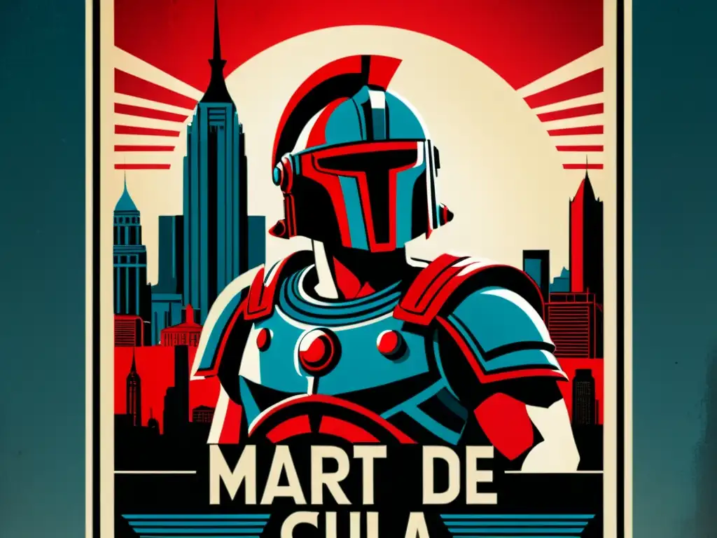 Cartel vintage de Marte, dios de la guerra, en armadura, frente a una ciudad futurista