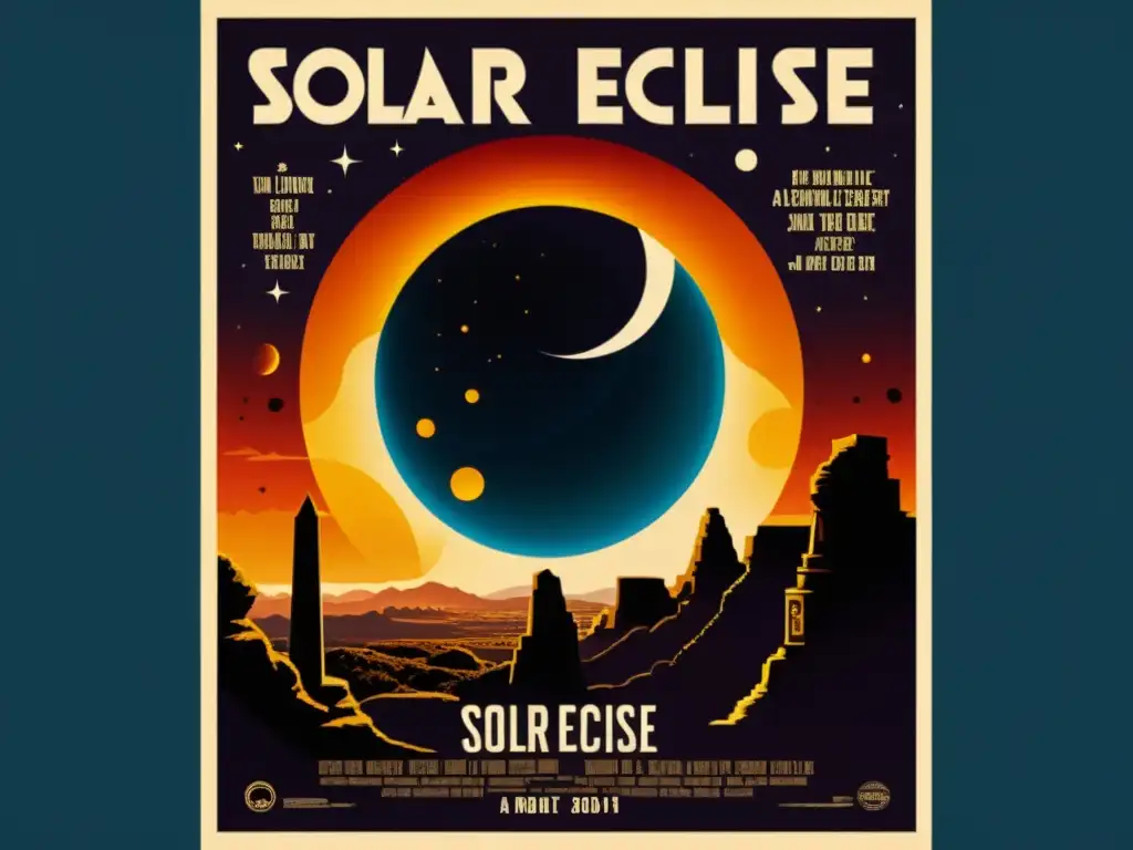 Cartel vintage de película con un eclipse solar dramático enmarcado por monumentos antiguos