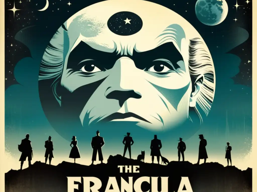 Cartel vintage de película con fases lunares en el cine, personajes icónicos y misterio bajo la luna llena