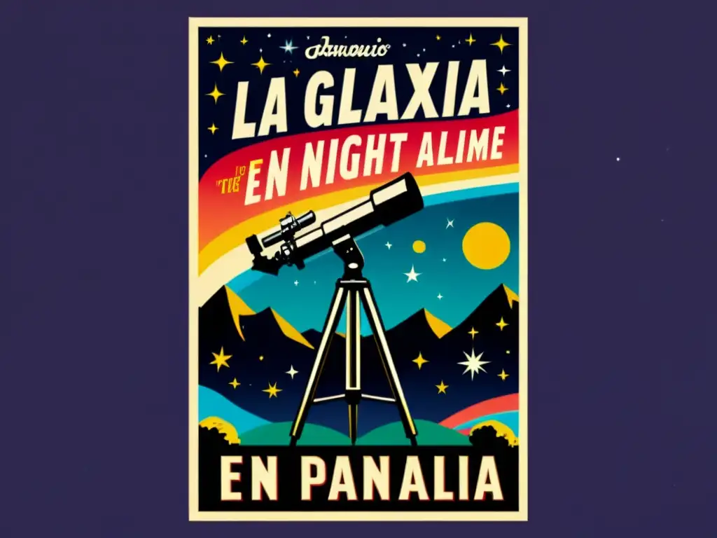 Cartel vintage de película con telescopio bajo cielo estrellado