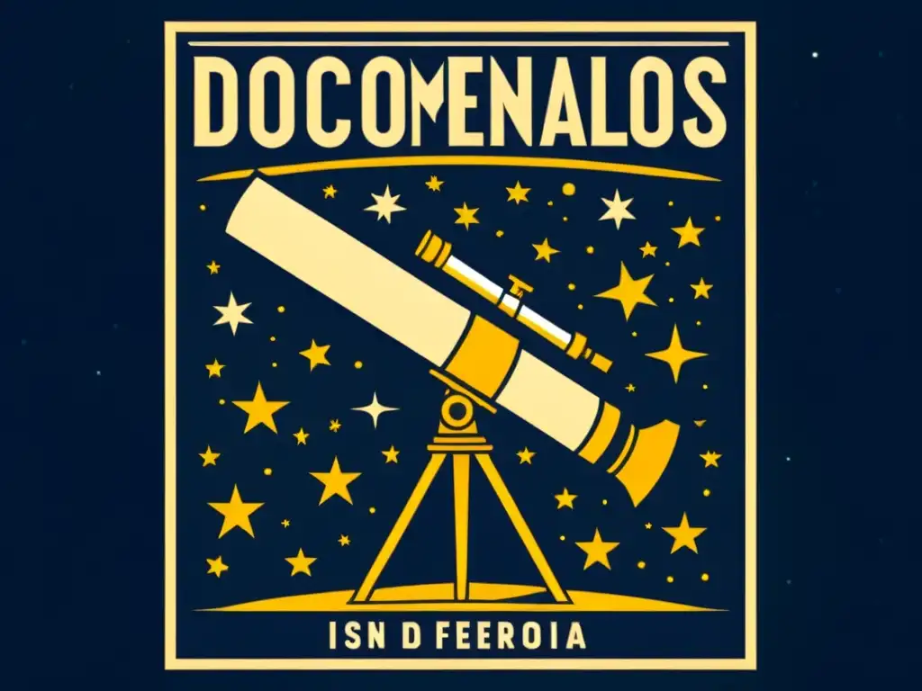 Cartel vintage con telescopio apuntando al cielo estrellado y texto 'Documentales destacados astronomía pantalla grande' en fuente elegante y retro