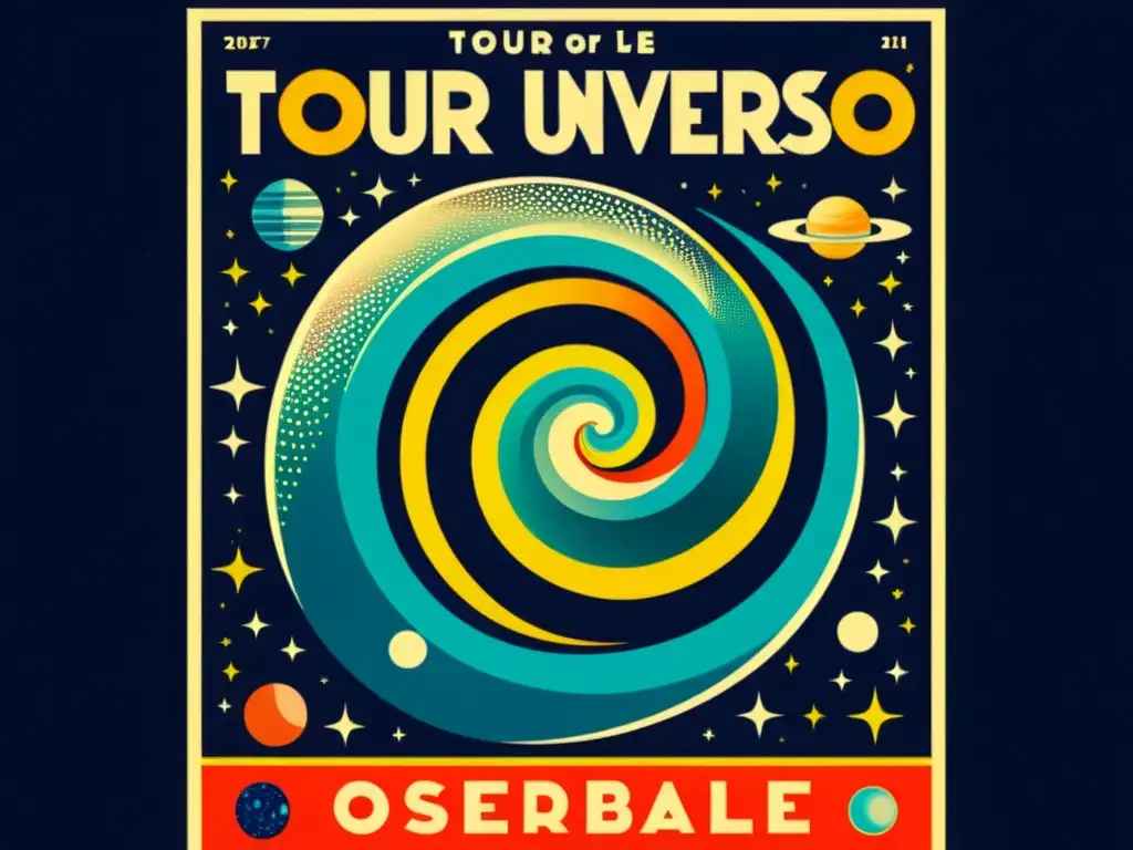 Cartel vintage del 'Tour por el universo observable' con galaxia espiral detallada y colores vibrantes, evocando la exploración cósmica del universo observable