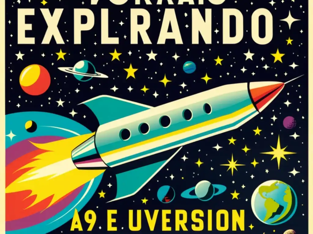 Cartel vintage de la exposición 'Explorando el Universo: Vida Extraterrestre en Exposición', con nave espacial retro y cosmos colorido