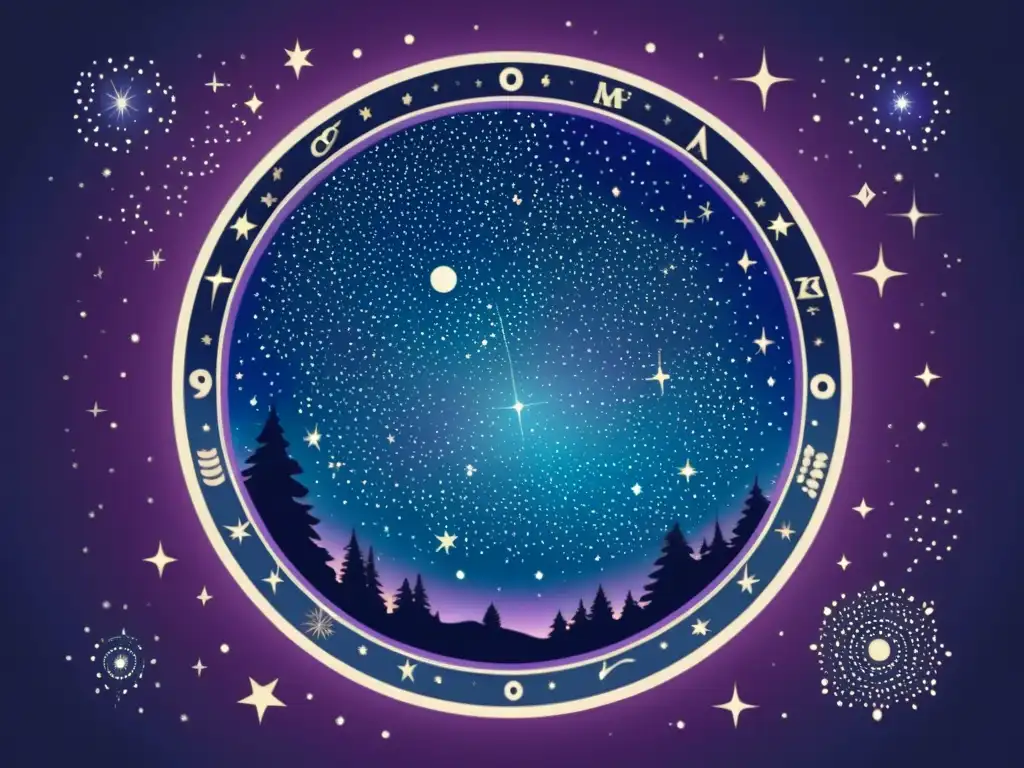 Un cautivador dibujo vintage del cielo nocturno con estrellas principales y constelaciones que evocan un aura mítica y encantadora