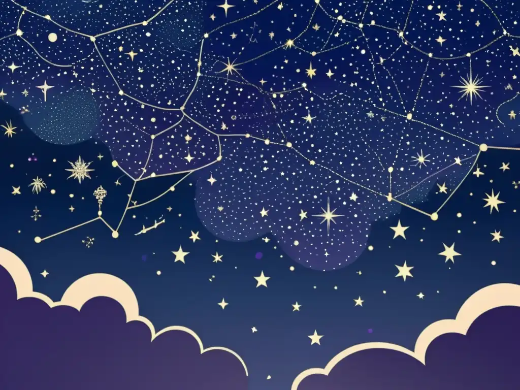 Una cautivadora ilustración vintage del cielo nocturno con variaciones estacionales, constelaciones y estrellas, que evoca la mitología celestial