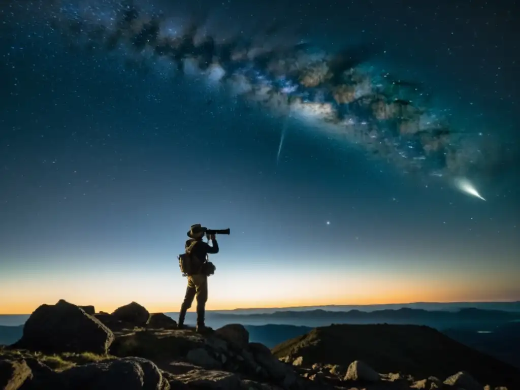 Un cazador de cometas en un acantilado, mirando al cielo con un telescopio