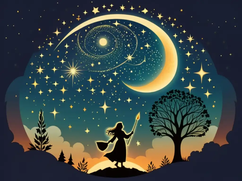 Conexión celeste en Halloween Samhain, estrellas y luna llena sobre un fuego celta en ilustración vintage de alta resolución