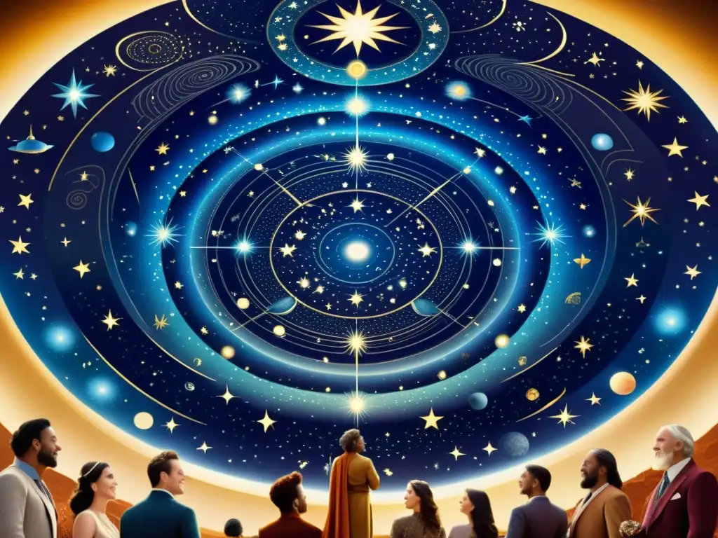 Una ilustración vintage celestial con dioses y criaturas mitológicas de diferentes culturas, en un majestuoso encuentro estelar