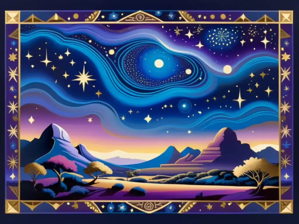 Visión celestial en pintura vintage con toques africanos: cúmulo estelar y paisaje vibrante en azules, morados y detalles dorados