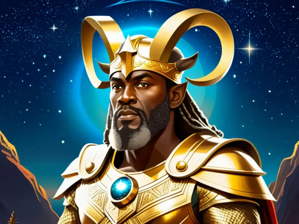 El guardián Heimdall vigila Asgard bajo la constelación Centauro, en una ilustración vintage llena de detalles míticos y celestiales