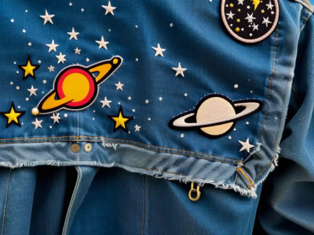 Una chaqueta denim vintage adornada con parches y pins personalizados de temática espacial, evocando nostalgia y originalidad